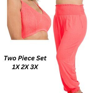 Plus Size Smocked Lounge Jogger Set | Neon Coral Pink